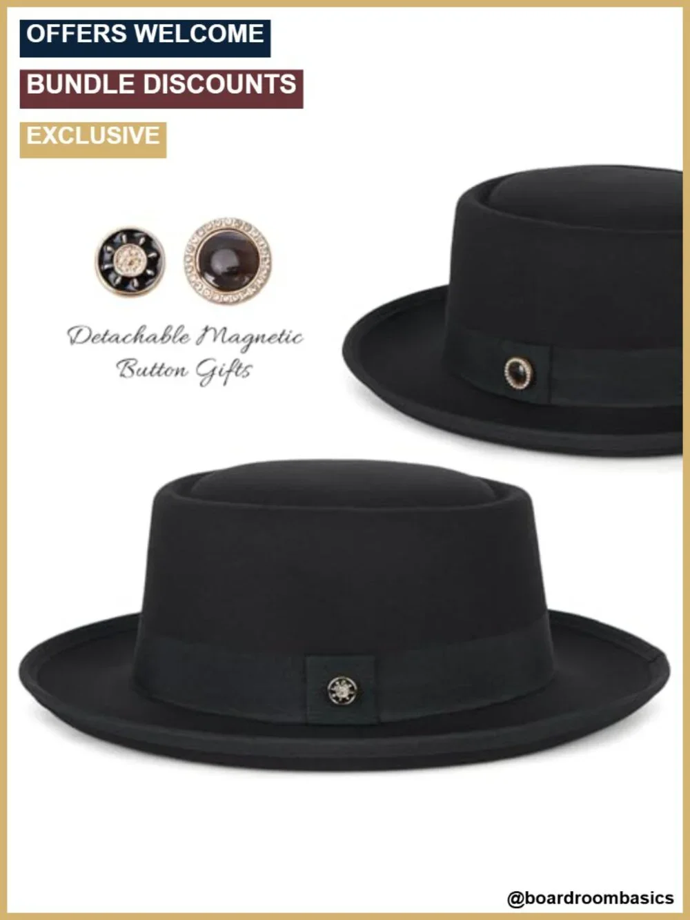 Fedora Hat Pork Pie Flat Top Felt Wide Brim Dress Hat with Magnetic Accessories